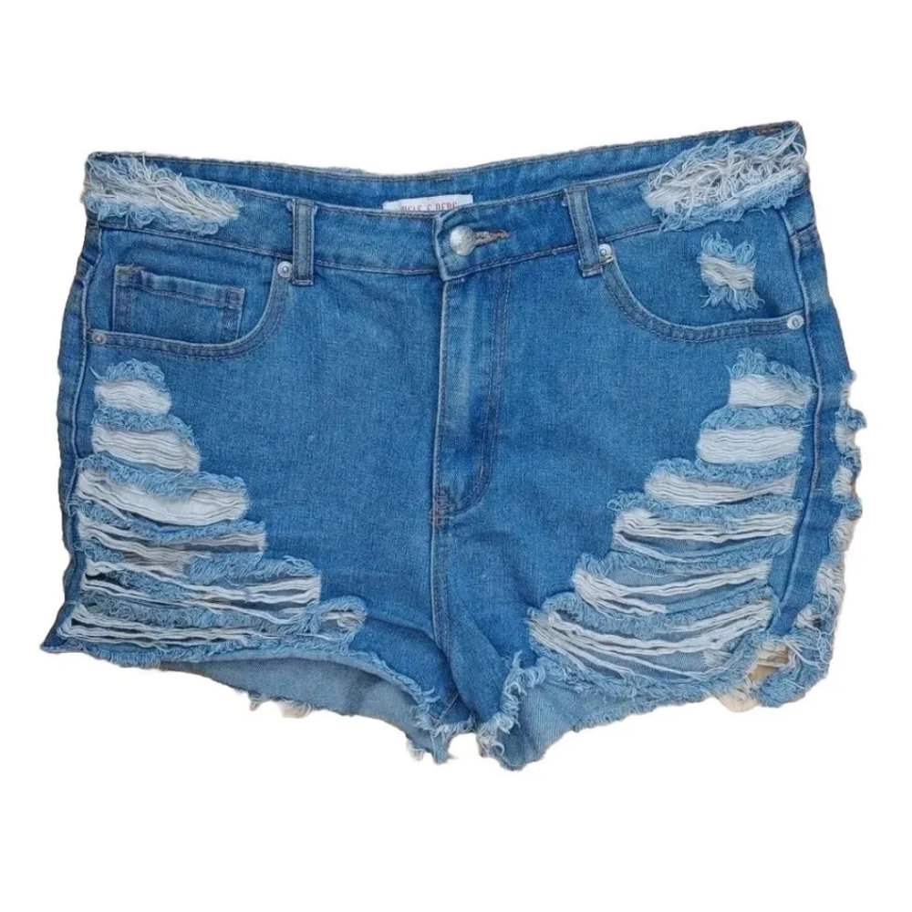 Mele Pere Booty Jean Shorts  Thrashed Destroyed Distressed Blue Denim Large 34/2